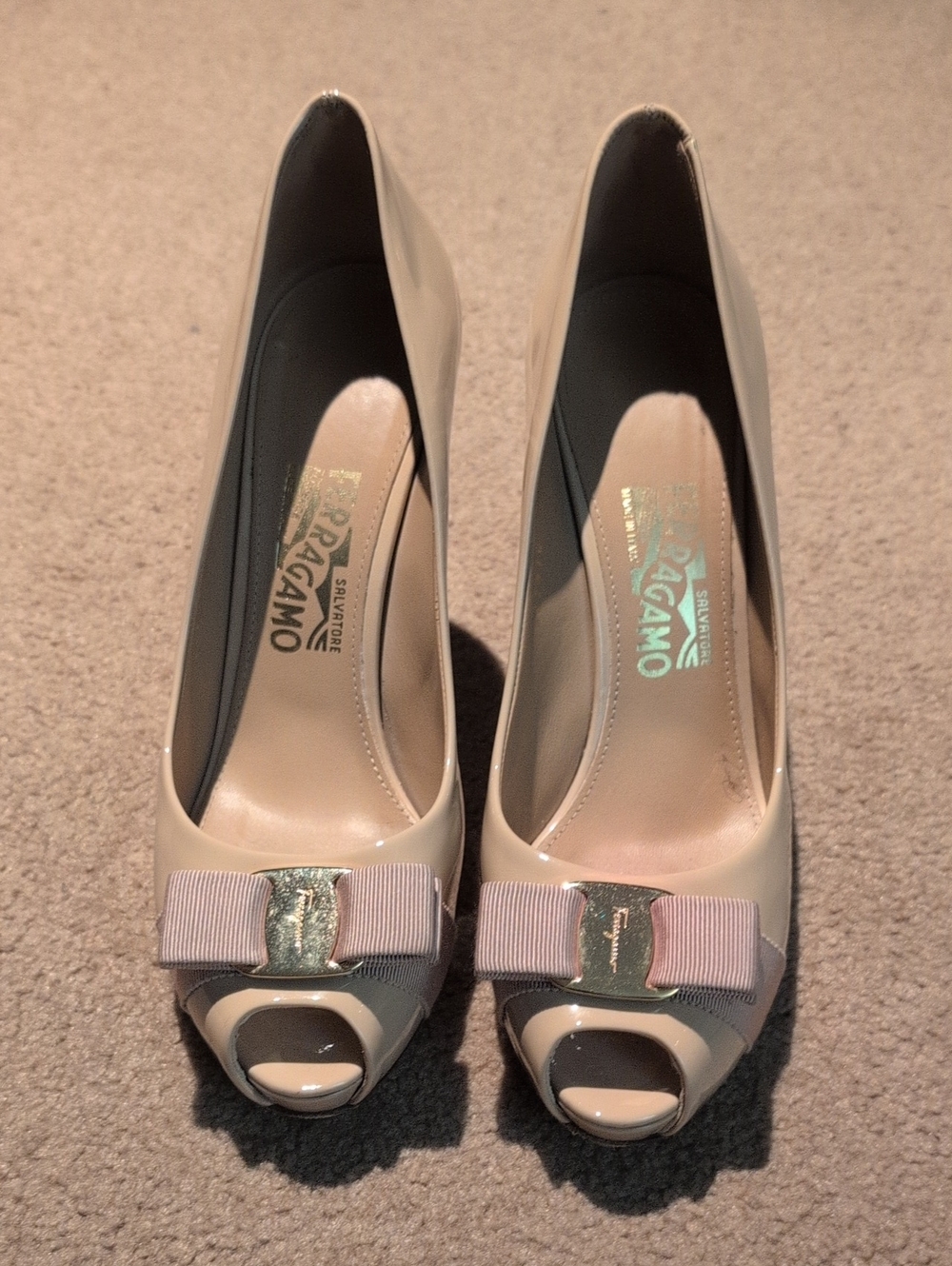 Salvatore Ferragamo Beige Patent Peep-Toe Pumps with Signature Bow